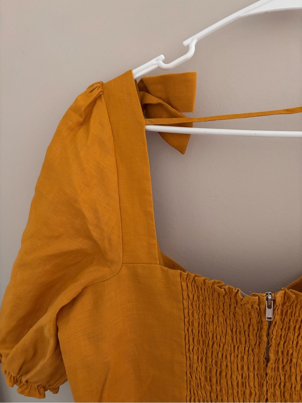 NWOT Reformation | 100% linen, Mustard Puff-Sleeve Mini Dress - Picture 9 of 10